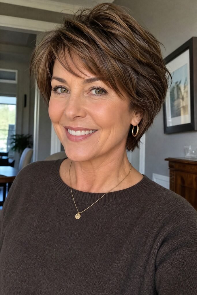 Voluminous Brown Layered Bob with Wispy Bangs