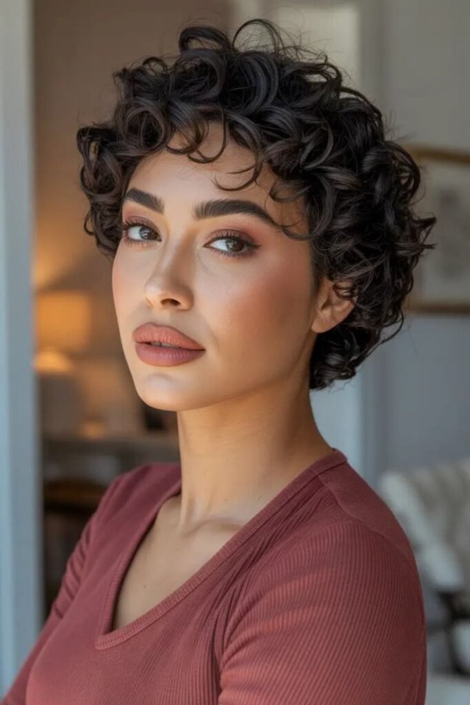 Voluminous Brunette Curly Pixie Cut