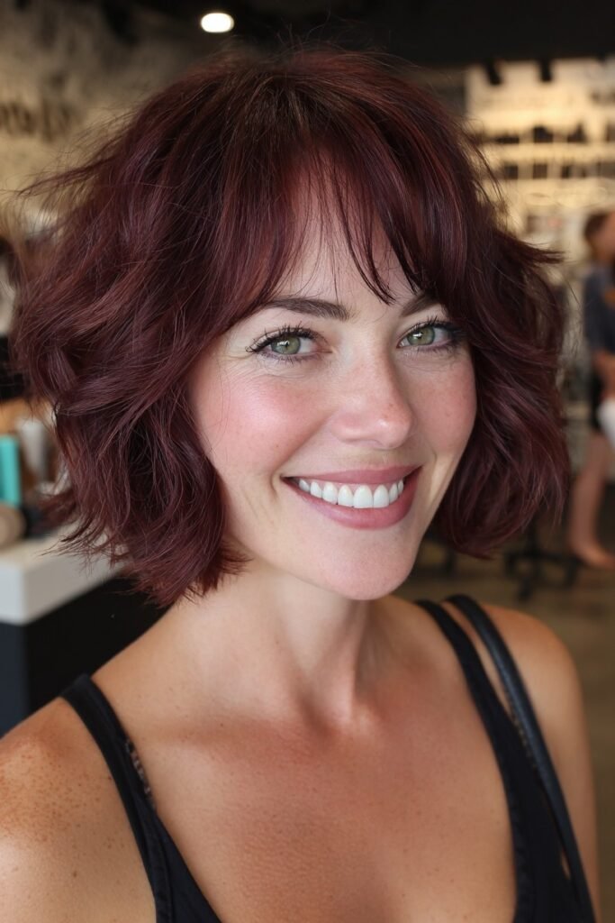 Voluminous Burgundy Bob with Soft Bangs