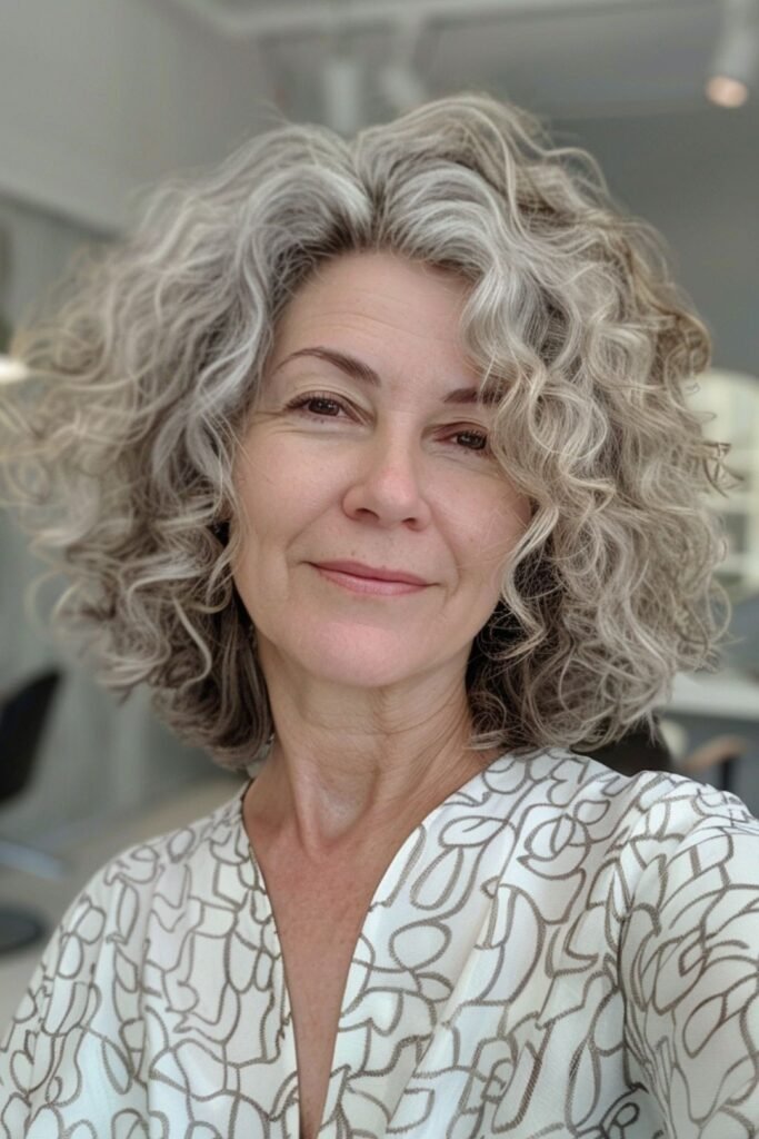 Voluminous Curly Bob with Salt-and-Pepper Highlights