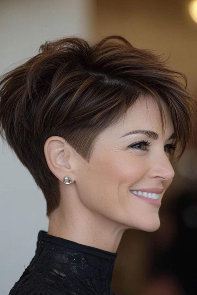 Voluminous Dark Brown Pixie Cut with Tapered Sides
