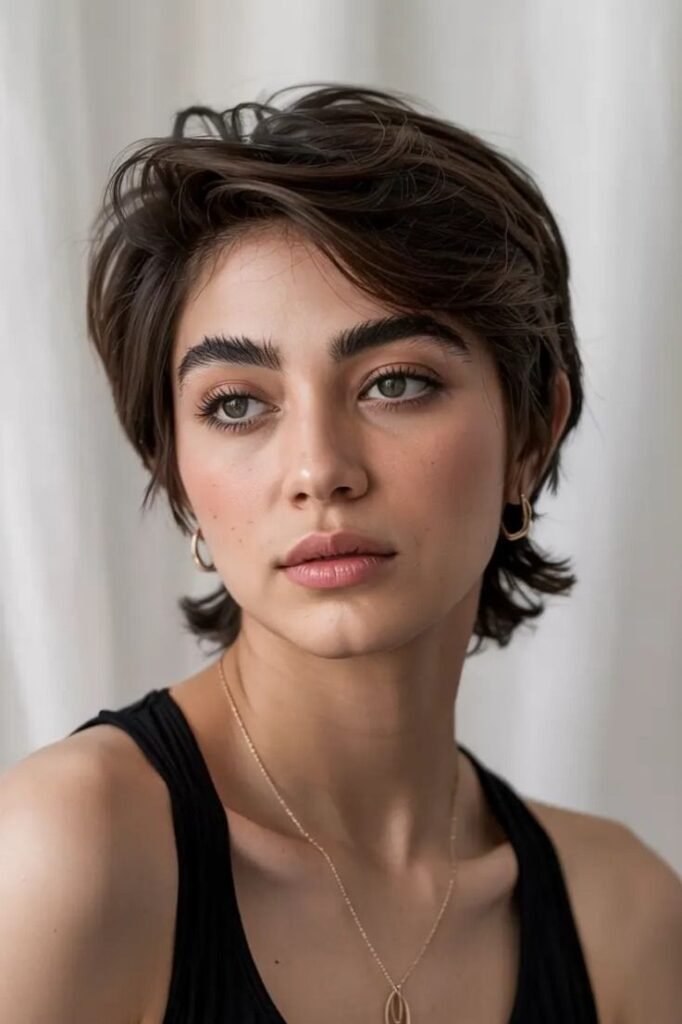 Voluminous Dark Brown Shaggy Pixie Cut with Textured Layers
