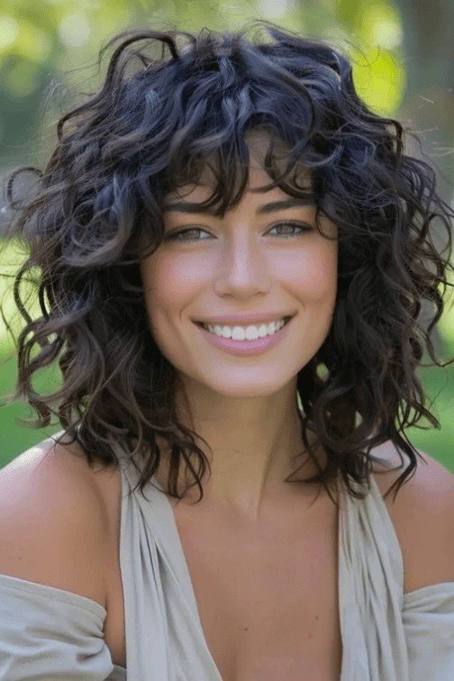 Voluminous Dark Curls with Shaggy Bangs