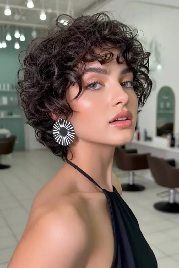 Voluminous Dark Curly Bob with Face-Framing Fringe