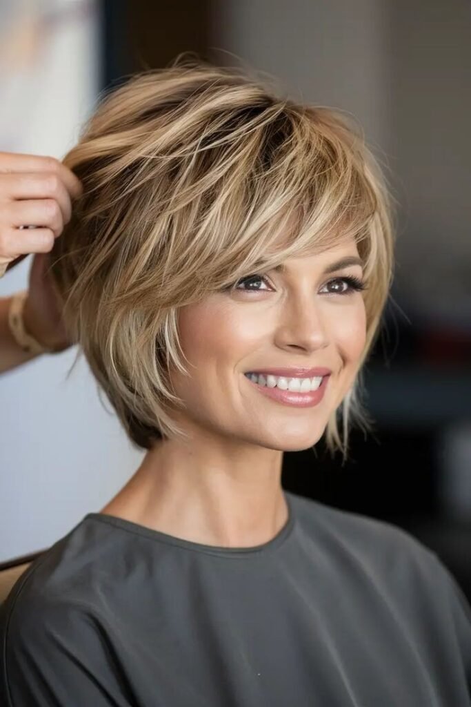 Voluminous Honey Blonde Layered Bob with Side-Swept Bangs
