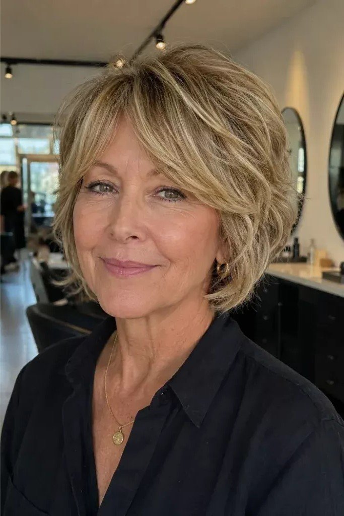 Voluminous Layered Blonde Bob with Curtain Bangs