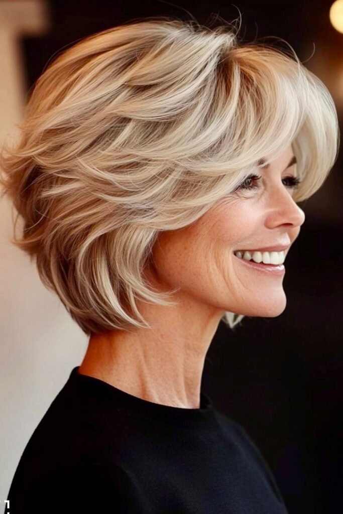Voluminous Layered Blonde Bob with Curtain Bangs