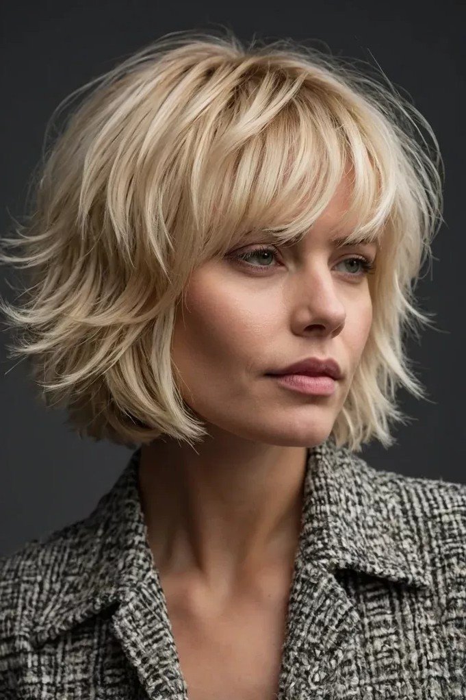 Voluminous Layered Blonde Bob with Fringe