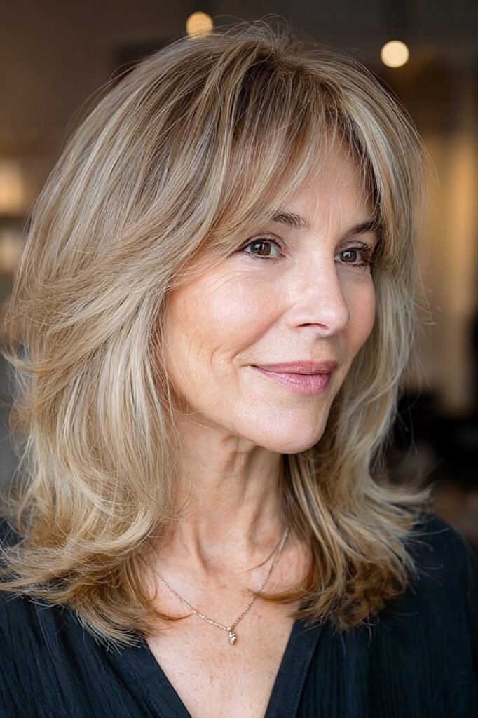 Voluminous Layered Blonde Bob with Side-Swept Bangs