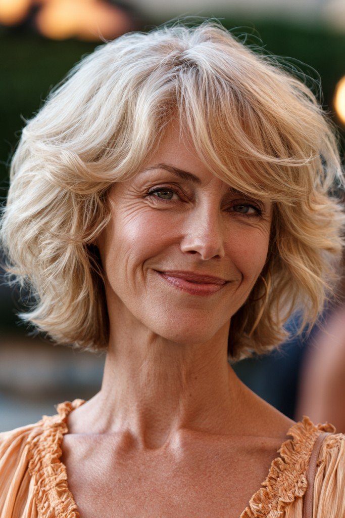 Voluminous Layered Blonde Bob with Wispy Bangs