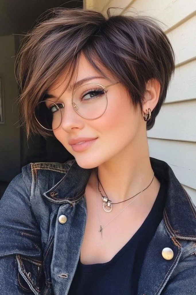 Voluminous Layered Brunette Pixie Cut with Long Fringe and Glasses
