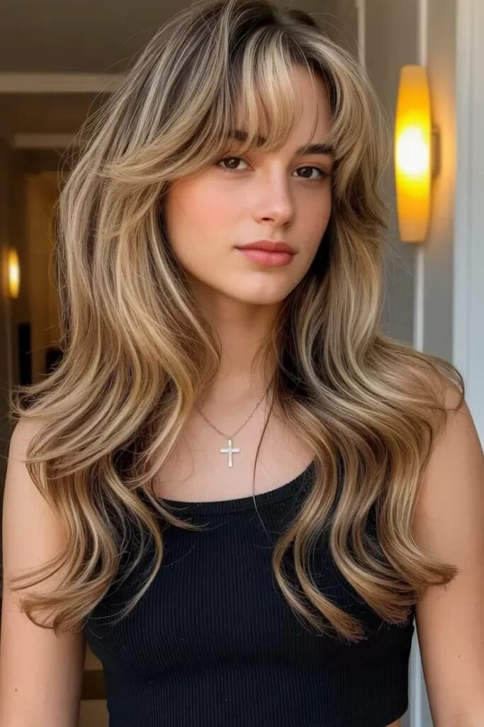 Voluminous Layered Hair with Face-Framing Highlights and Bangs