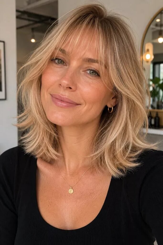 Voluminous Layered Lob with Wispy Bangs