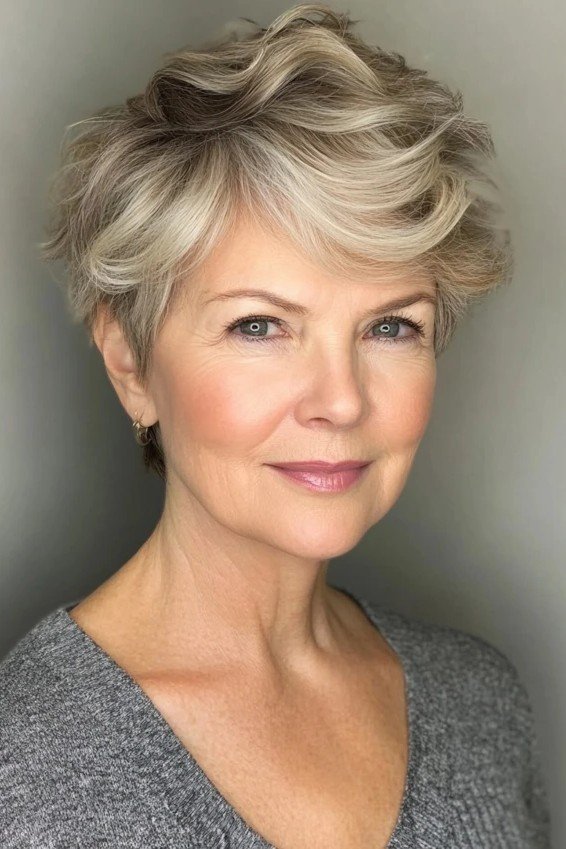 Voluminous Layered Pixie Cut with Soft Blonde Highlights