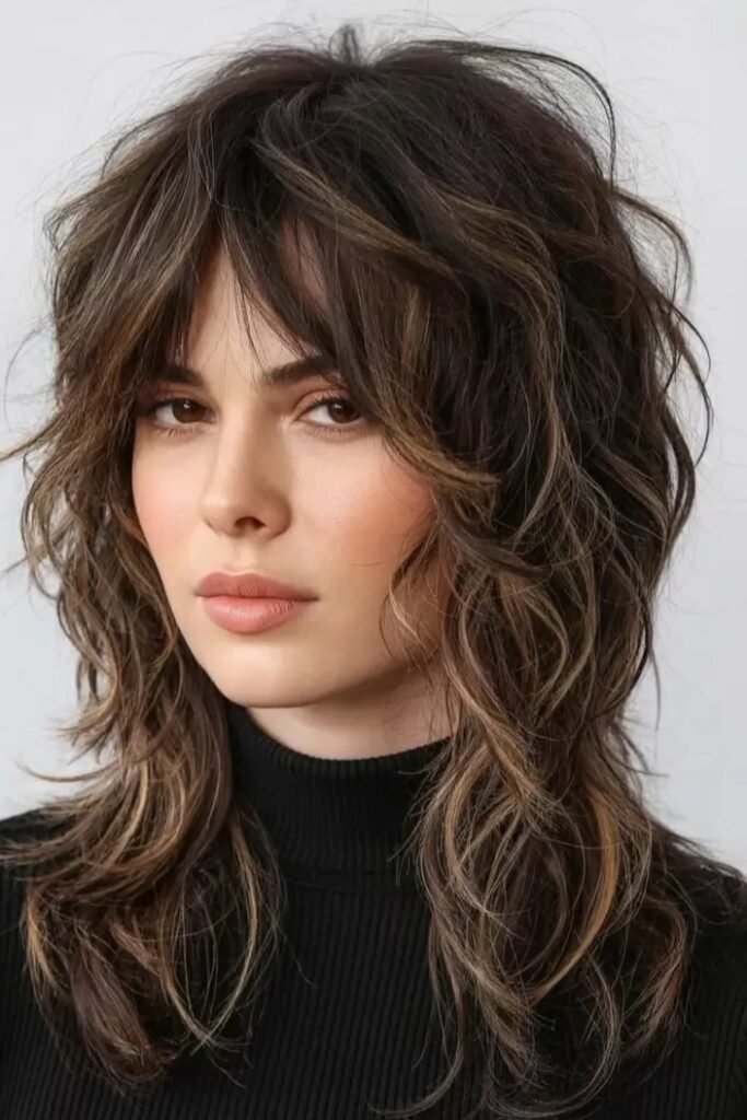 Voluminous Layered Shag with Caramel Highlights