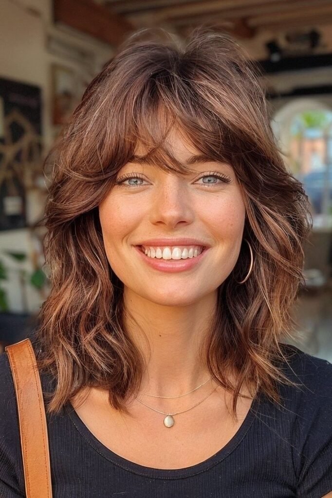 Voluminous Layered Shag with Side-Swept Bangs