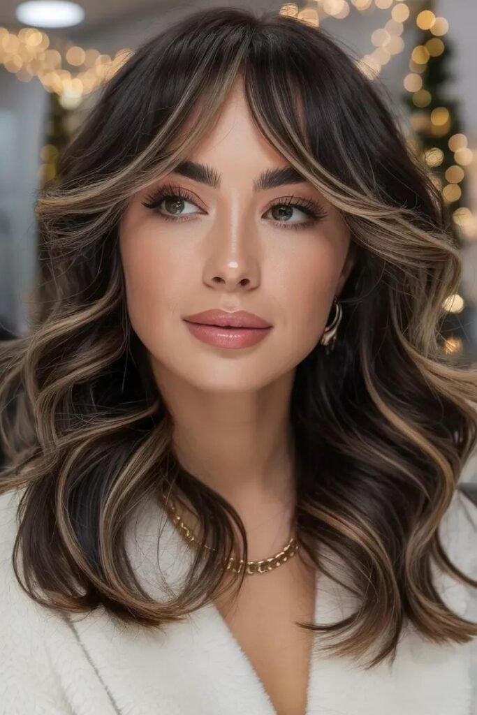 Voluminous Lob with Curtain Bangs and Subtle Highlights