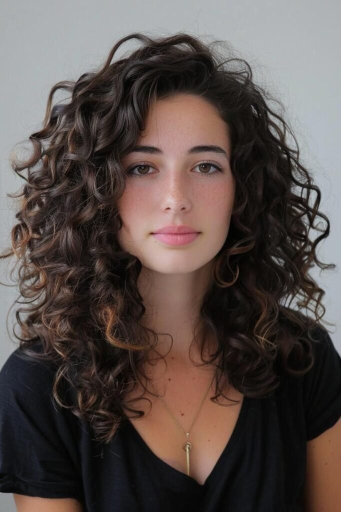 Voluminous Long Curly Hair with Soft Brown Tones