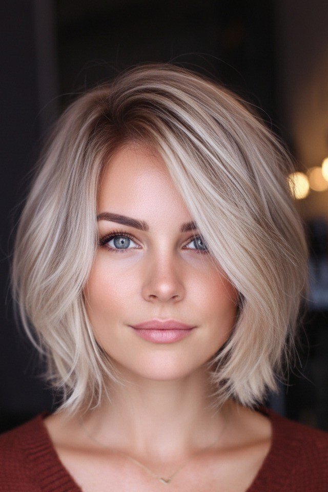Voluminous Platinum Blonde Bob with Side-Swept Part
