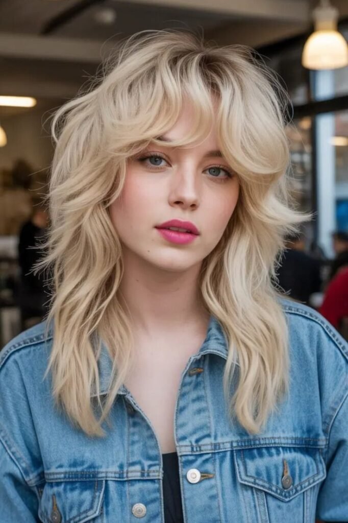 Voluminous Platinum Blonde Shag with Curtain Bangs