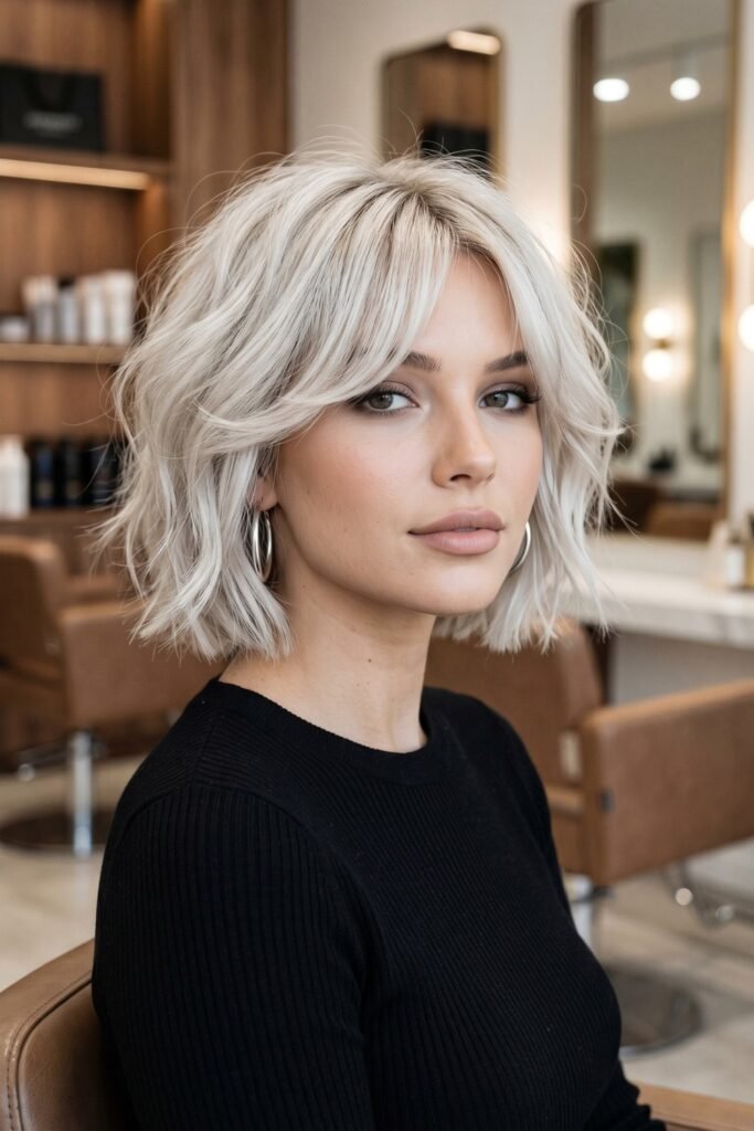 Voluminous Platinum Bob with Curtain Bangs