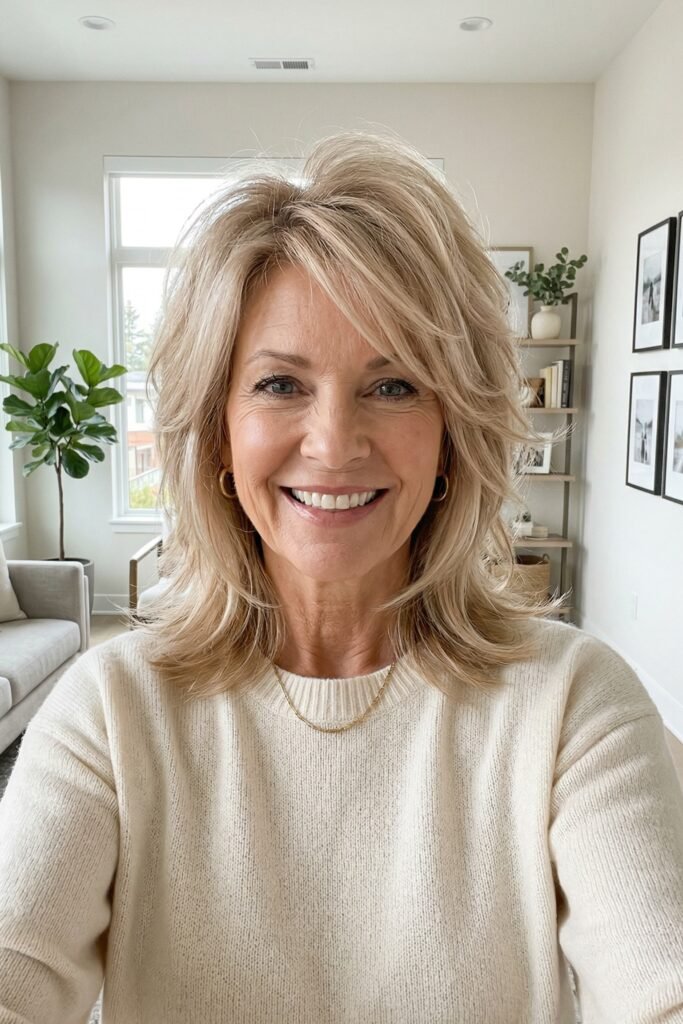 Voluminous Shag Haircut with Side-Swept Bangs