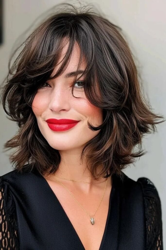 Voluminous Shaggy Bob with Side-Swept Bangs