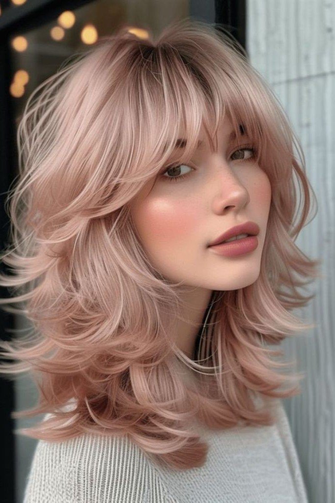 Voluminous Shaggy Layers with Soft Pink Tone and Curtain Bangs