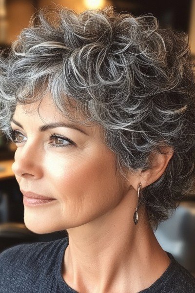 Voluminous Short Curly Crop with Silver Highlights