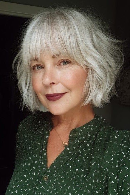 Voluminous Silver Bob with Piece-y Bangs