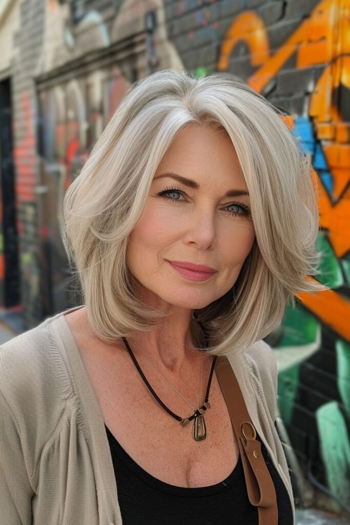 Voluminous Silver Bob with Side-Swept Layers