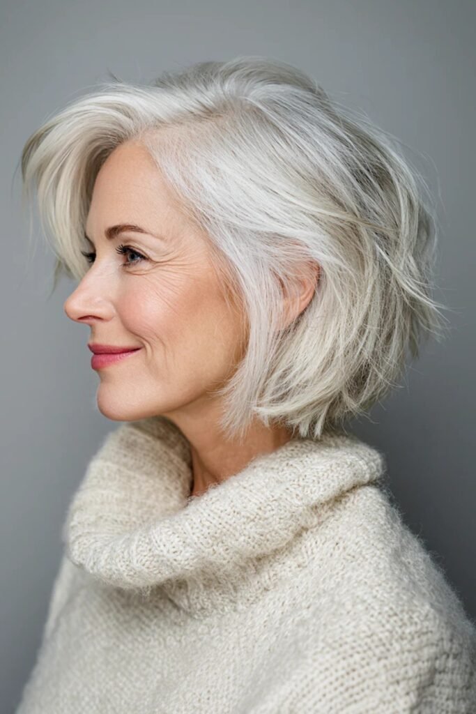 Voluminous Silver Layered Bob with Side Part