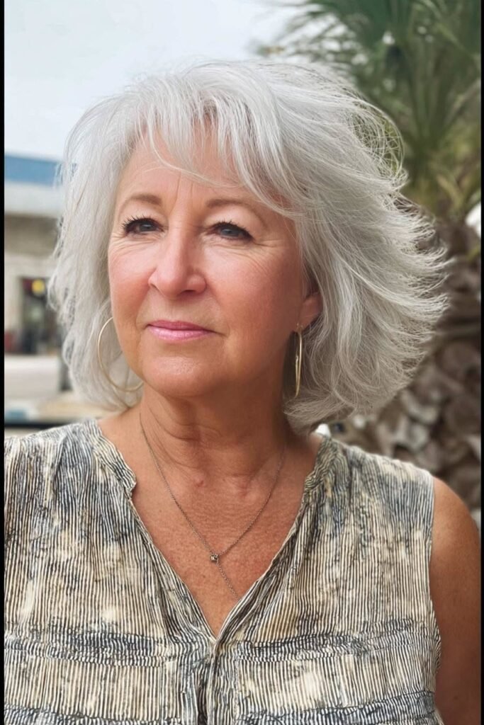 Voluminous Silver Layered Bob with Side-Swept Bangs