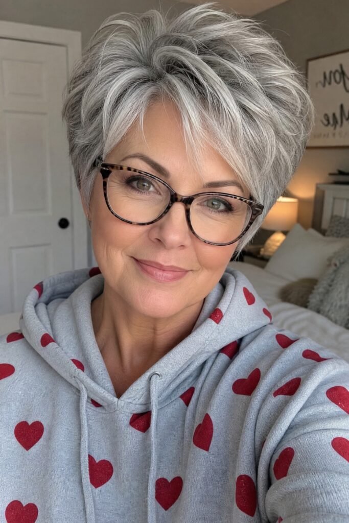 Voluminous Silver Pixie with Soft Crown Layers

