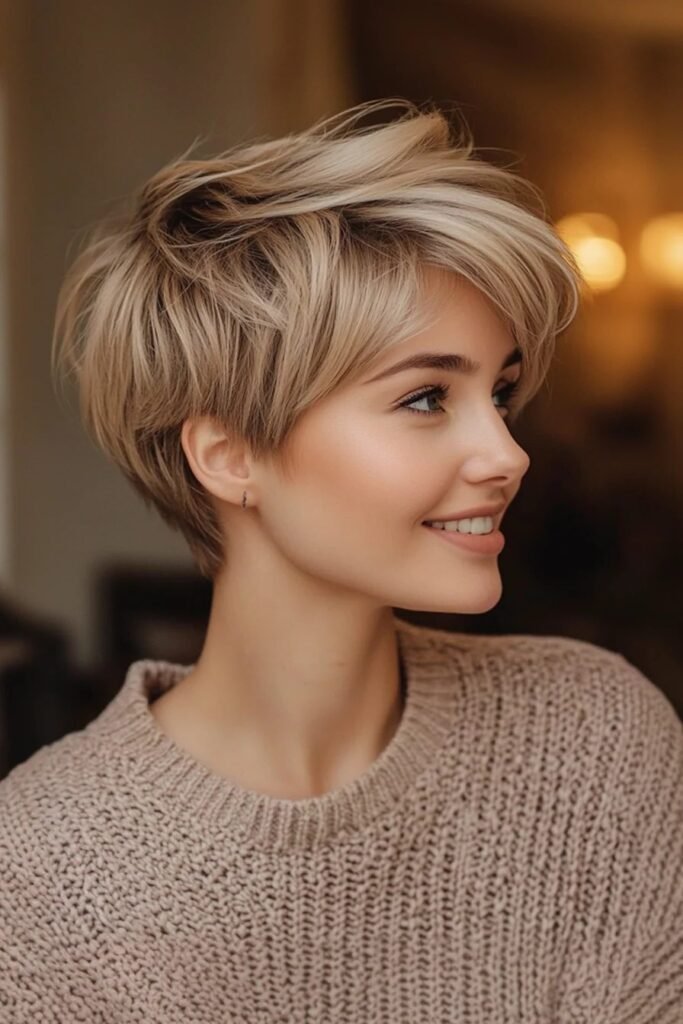 Voluminous Textured Blonde Pixie Cut with Side Part