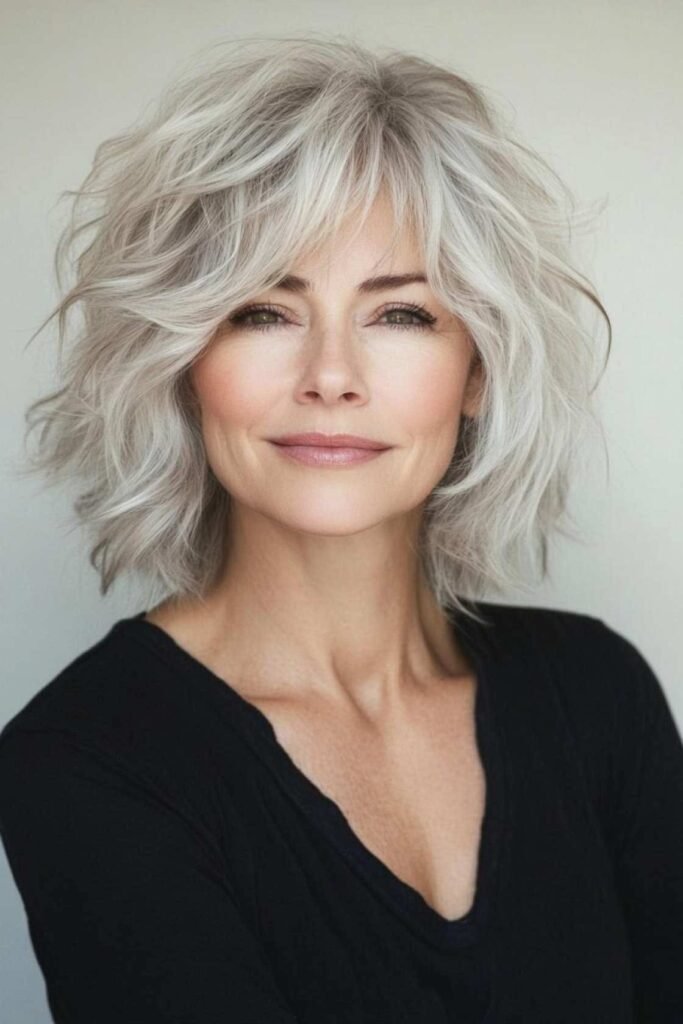 Voluminous Textured Lob with Side-Swept Bangs