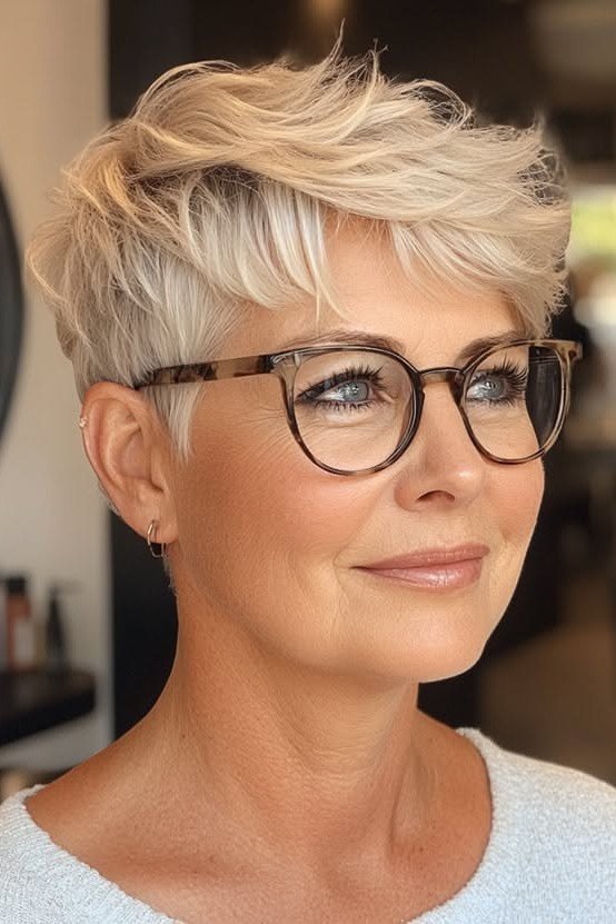 Voluminous Textured Pixie with Blonde Highlights and Glasses
