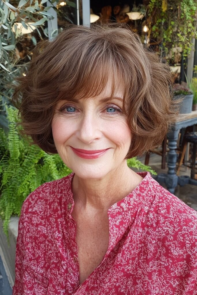 Voluminous Warm Brown Bob with Bangs