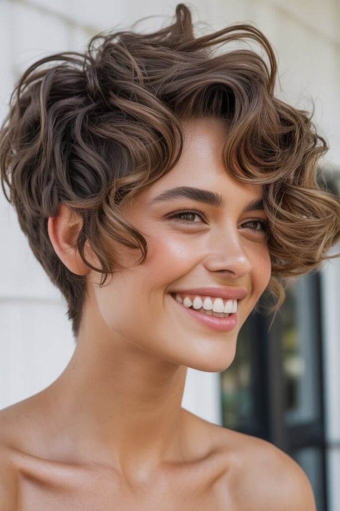 Voluminous Wavy Pixie Bob with Side Sweeps