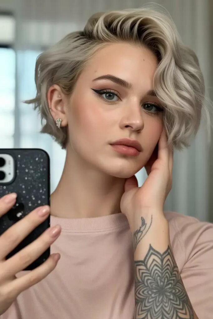 Voluminous Wavy Short Crop with Deep Side Part