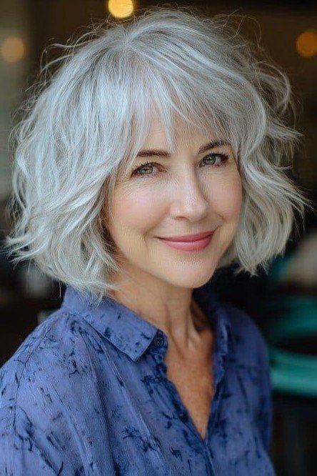 Voluminous Wavy Silver Bob with Curtain Fringe