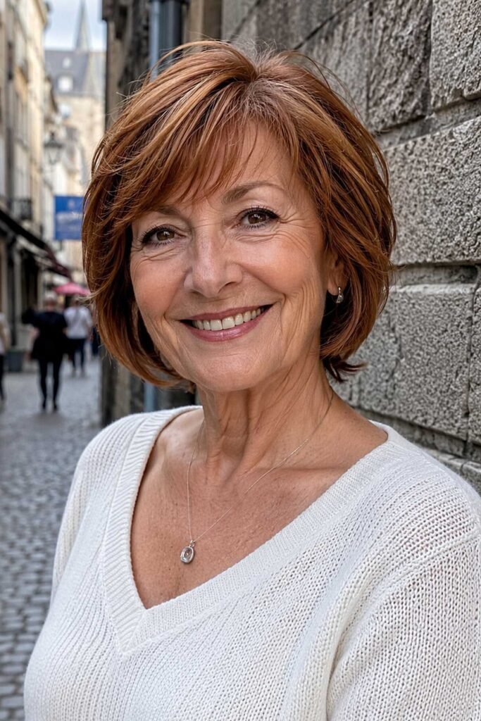 Warm Auburn Bob with Soft Side-Swept Bangs