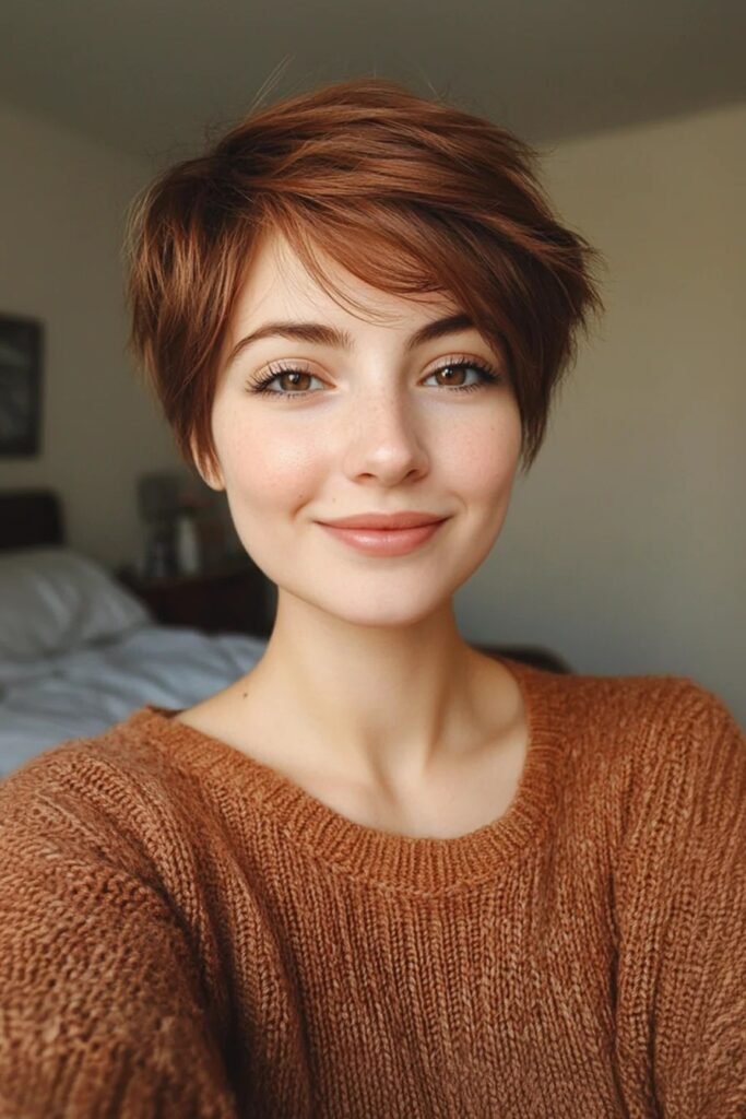 Warm Auburn Pixie Cut with Soft Layered Bangs