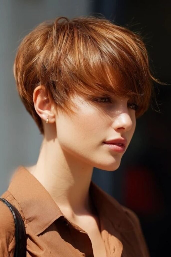 Warm Auburn Textured Pixie with Soft Forward Fringe