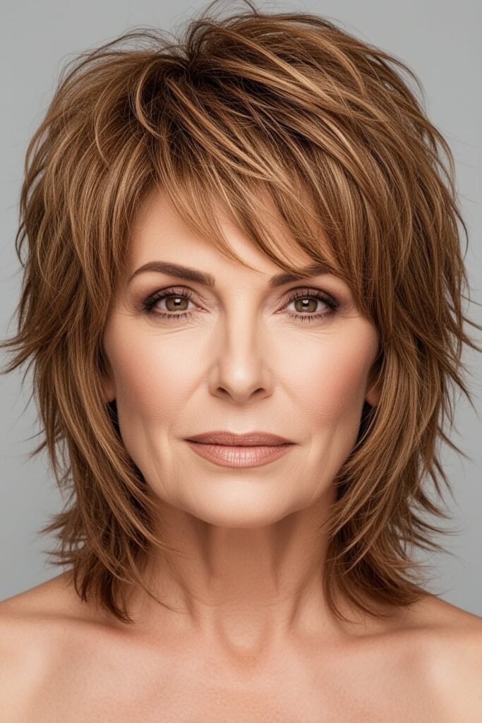 Warm Brown Feathered Shag with Side-Swept Bangs