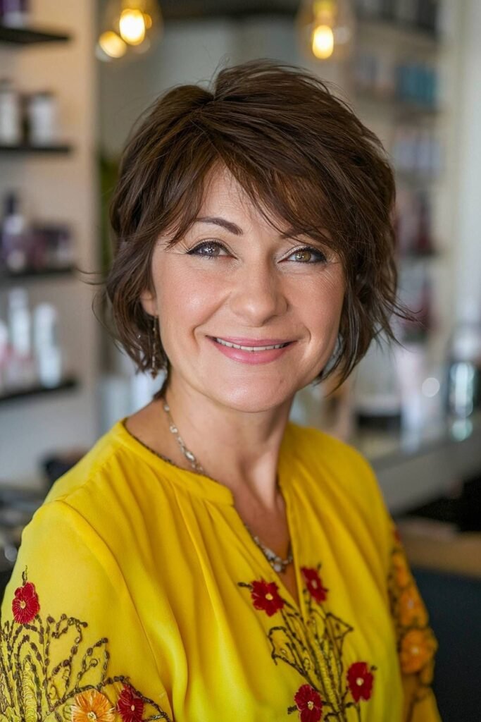 Warm Brown Layered Bob with Side-Swept Bangs