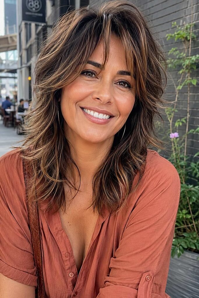 Warm Brown Layered Shag with Soft Highlights and Curtain Bangs