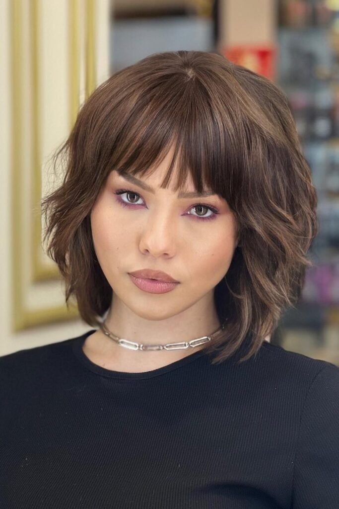 Warm Brown Textured Bob with Soft Straight Bangs