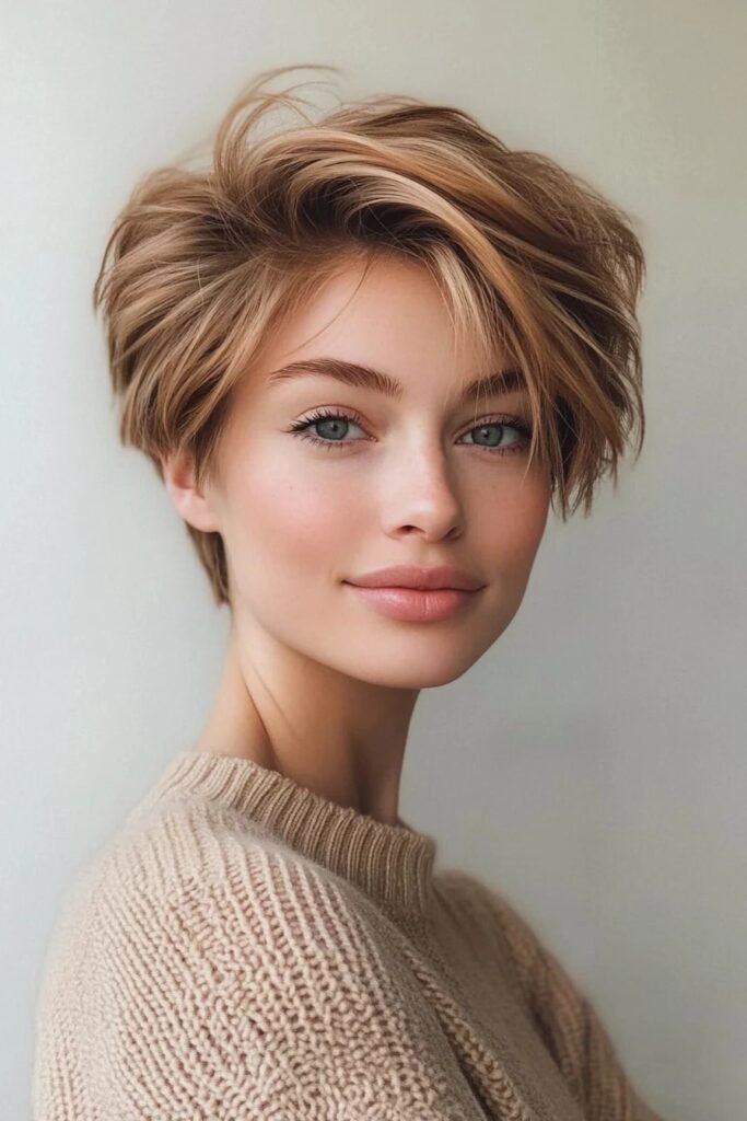 Warm Honey Blonde Layered Pixie with Soft Volume