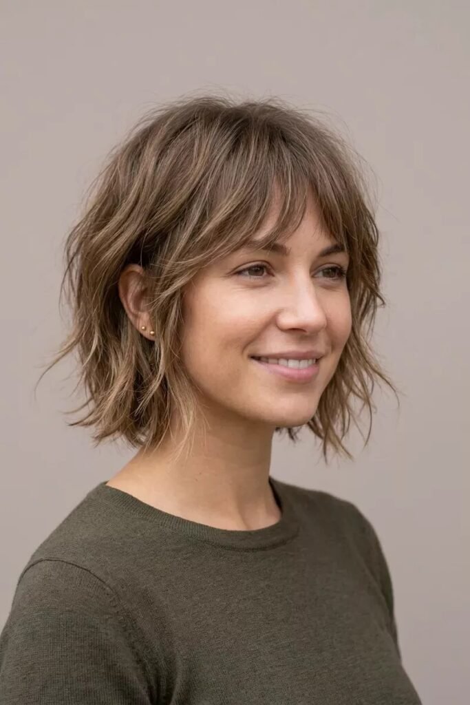 Wavy Ash Brown Bob with Face-Framing Layers